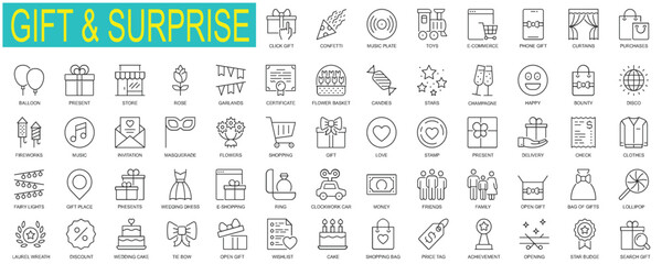 Gift and surprise web icons set in thin line design. Pack of confetti, music, toy, e-commerce, laurel wreath, discount, wishlist, price tag, cake, other outline Editable stroke pictograms.