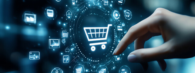 hand touching a digital shopping cart, AI generated