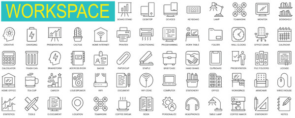 Set of Workspace web icons in thin line design. Pack of office, workplace, computer, teamwork, statistic, tools, brainstorm, presentation, document, other outline stroke pictograms.