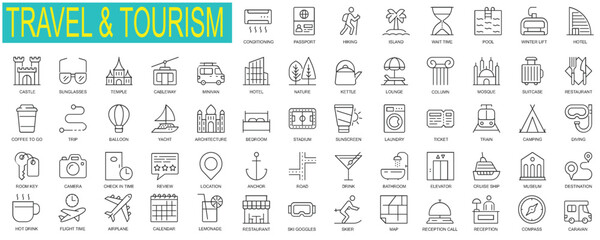 Travel and tourism thin outline icons collection. Big UI icon set in a flat design. Editable stroke, Vector illustration