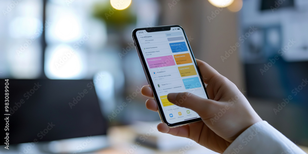 Wall mural a hand holding a smartphone with a time management app open, showcasing a well-organized schedule an