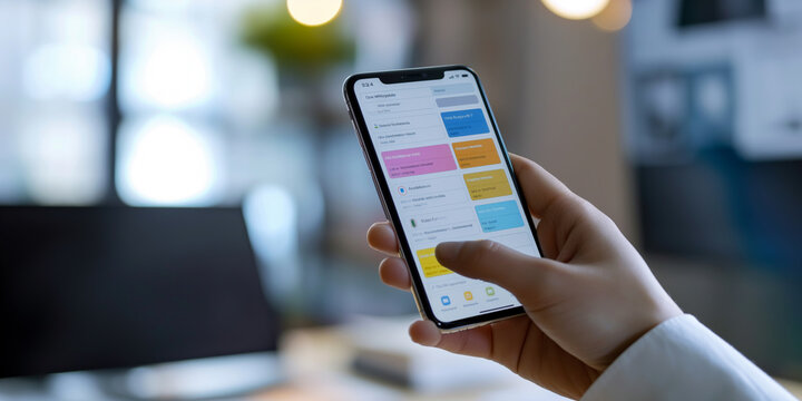 A hand holding a smartphone with a time management app open, showcasing a well-organized schedule and to-do list on blurred office background.