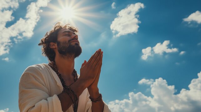 Individuals from diverse faiths engage in prayer under a bright blue sky, fostering unity