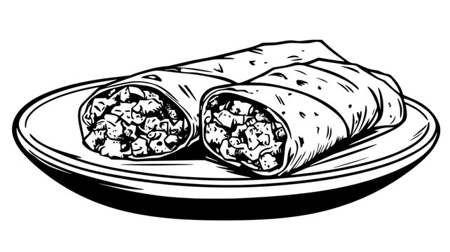 Breakfast plate featuring a neatly rolled breakfast burrito cut in half, food illustration vector