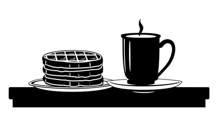 Dining table with stack of pancakes near serving of waffles, food vector illustration