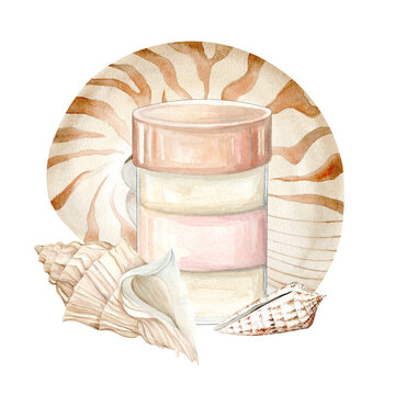 recommend clip art: Face cream, seashells, clams and Nautilus. Watercolor Clip Art The illustration is hand drawn in pastel colors. Suitable for card designs, textiles and scrapbooking.