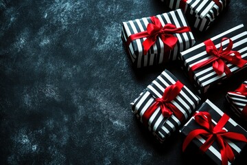 Fototapeta premium Black and White Striped Gift Boxes with Red Ribbons on Dark Background