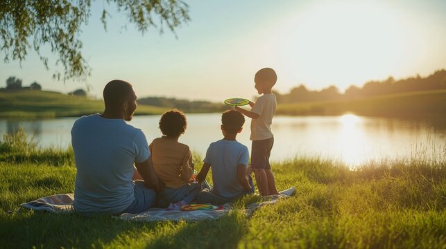 Family enjoys a sunny afternoon by the lake, engaging in outdoor activities and quality time together during sunset - Powered by Adobe