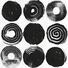 black ink circles imprints on paper, risograph, texture, black and white, isolated on white, designs for photoshop brushes stylize 50
