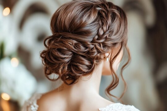 Back view of a woman with a braided and curly hairstyle
