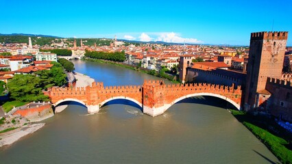 Naklejka premium Verona - Italy - Ponte Scaligero - Aerial view over the Adige