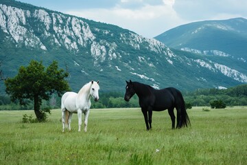 Obraz premium Two horses standing in a field with mountains in the background. The scene is peaceful and serene