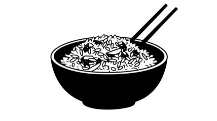Fried rice served in a bowl with vegetables and pieces of meat, food illustration vector