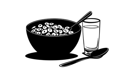 Large bowl of cold cereals beside a spoon and glass of milk, food illustration vector