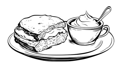 Scone sliced open on white plate with clotted cream, food illustration vector