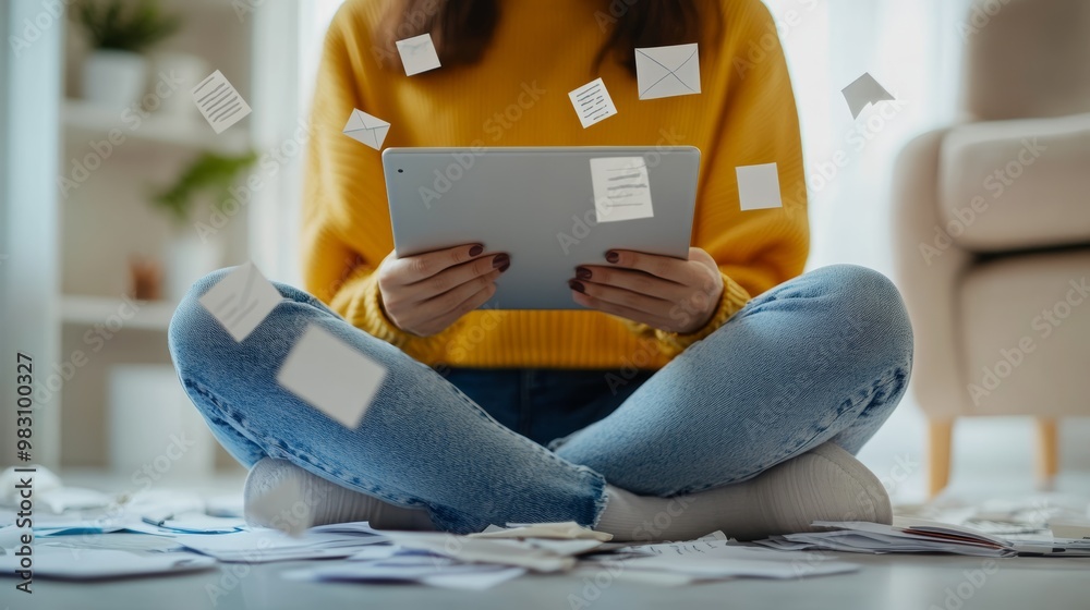 Poster woman in yellow sweater using tablet with floating envelopes, papers scattered around. email managem