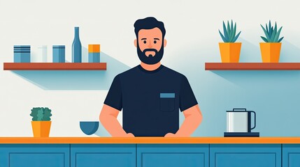 Man standing in modern kitchen with plants and decor, bright and inviting atmosphere.