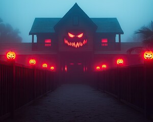 Spooky haunted house with glowing pumpkins in foggy night atmosphere.