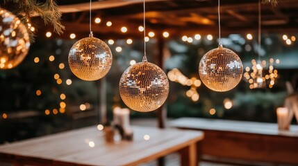 The room is alive with numerous shining disco balls reflecting sparkling lights, creating a nostalgic vibe reminiscent of lively 1970s dance parties