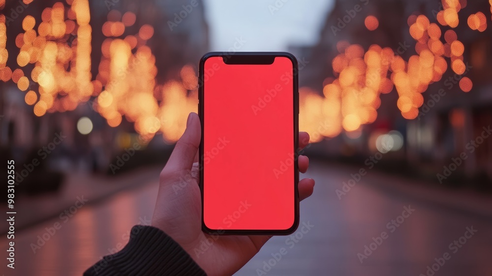 Poster Hand holding a phone displaying a blank red screen with bokeh lights background. Mobile apps ready for personalization.