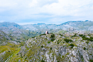 Beautiful a-frame mountain house shelter in the wilderness on the mountain