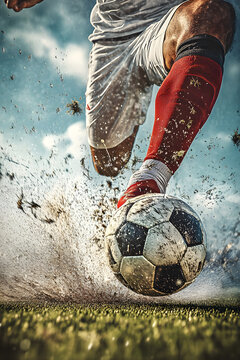 Exhilarating Close-Up: Football Player&rsquo;s Dynamic Kick Aiming for the Goal Line
