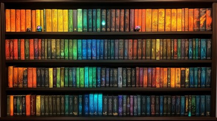Fototapeta premium Vibrant Multicolored Bookshelf Backdrop with Colorful Book Spines in Library or Bookstore