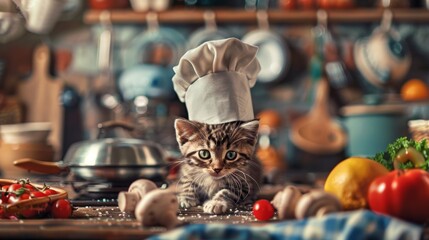 A cute tabby kitten wearing a chef hat sits in a kitchen surrounded by ingredients.
