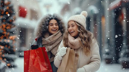 Two cheerful female friends holding shopping bags on snowy winter day, Women making shopping during Christmas sales season