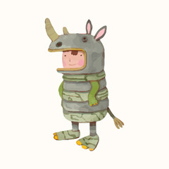 kids playing as animals. Wildlife and child watercolor vector illustration. rhinoceros