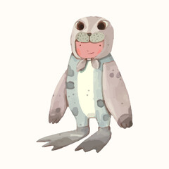 kids playing as animals. Wildlife and child watercolor vector illustration. seal