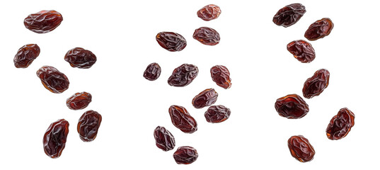 Set of Falling raisin isolated on white background, clipping path, full depth of field
