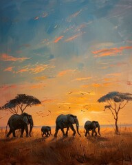 Fototapeta premium A family of elephants walks across the African savanna at sunset. Birds fly overhead against a colorful sky.