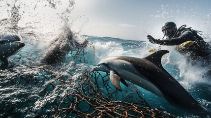 Fototapeta premium Rescue team works to free dolphins entangled in fishing nets. Divers cut through the nets as dolphins struggle in the water against a backdrop of rippling waves and clear sky.