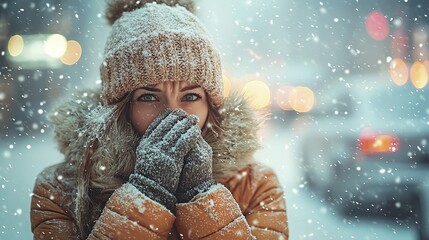 A woman in winter attire is shivering and standing outdoors, trying to stay warm