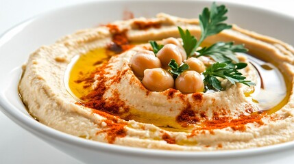 Creamy hummus dip garnished with olive oil, paprika, and chickpeas, isolated on a white ceramic plate
