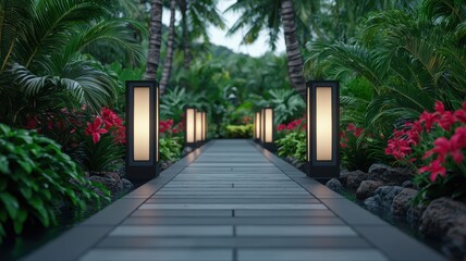 A tranquil pathway illuminated by sleek lamps surrounded by lush greenery and vibrant flowers, inviting a serene outdoor experience.