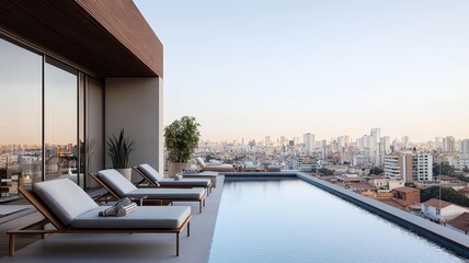Fototapeta premium Elegant outdoor poolside view overlooking a city skyline, featuring modern lounge chairs and a serene atmosphere.