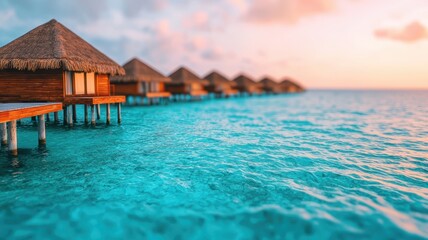 Fototapeta premium Serene ocean view featuring luxurious overwater bungalows at sunset, ideal for vacation and travel inspiration.