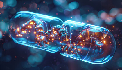 A digital representation of dna encapsulated in a pill, symbolizing advanced dna therapy and precision medicine technology