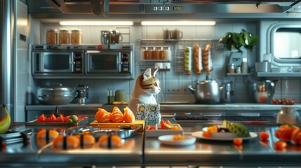 A futuristic kitchen with a robot chef preparing food