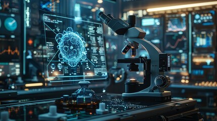 Fototapeta premium A futuristic laboratory with a microscope and computer screen displaying a digital model of a virus.