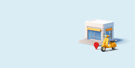 Yellow retro scooter, motorcycle, shop building, location icon, 3D. Banners for city store concepts, convenient transportation, services, and products. Vector