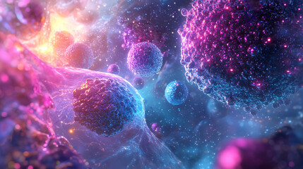 Microscopic view of breast cancer cells with sharp, intricate details on a light, sterile background