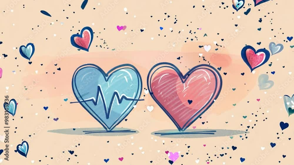 Poster two heart shapes, one blue with a heartbeat line and one red, are surrounded by colorful floating he