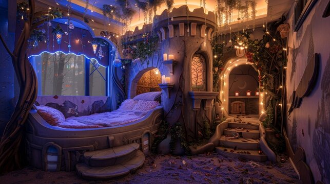 A magical fairytale bedroom with a large bed, glowing lights, and a castle-themed design.