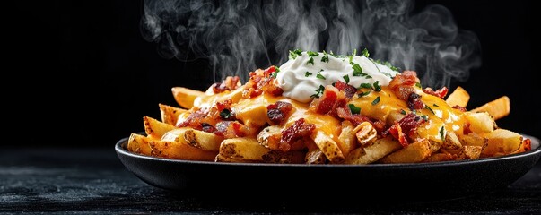 Delicious loaded fries topped with cheese, bacon, and sour cream, served on a dark background with steam rising.