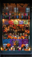Obraz premium Vibrant Día de los Muertos Shop Window Display with Sugar Skulls, Marigolds, and Candles at Night