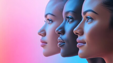 Three women of diverse ethnic backgrounds in profile view against a soft blue-pink gradient background. Celebrating unity and diversity.