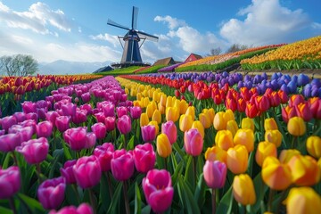 A picturesque windmill stands tall amidst vibrant rows of colorful tulips in a blooming field.